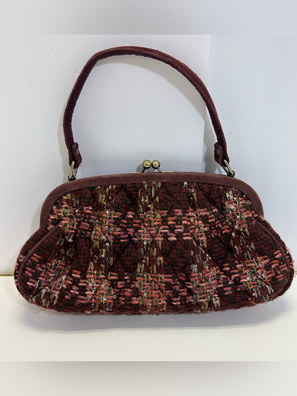 Vera Bradley Tweed Suede Plaid Kiss Lock Handbag Purse